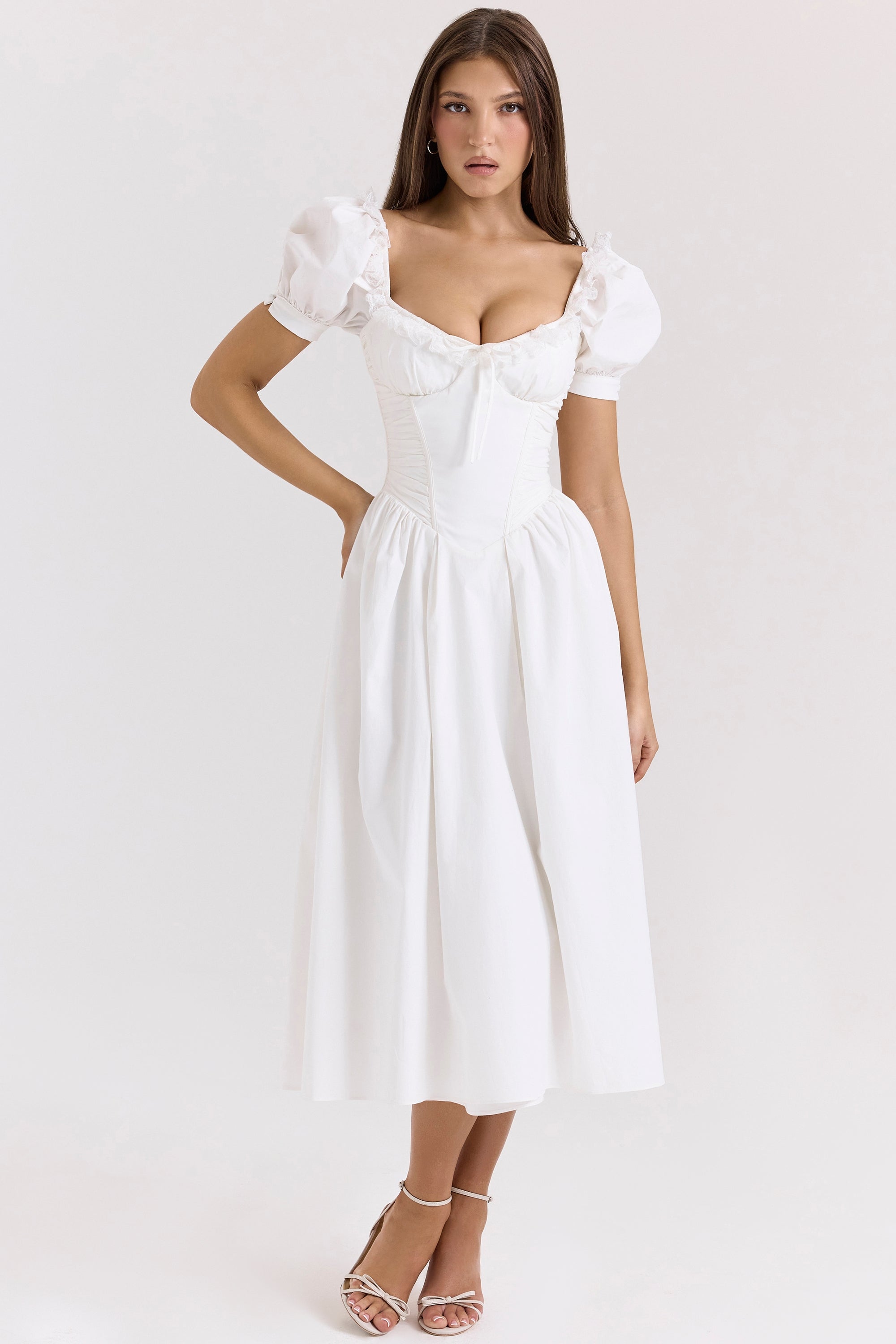 Lulabell | White Stretch Cotton Puff Sleeve Midi Dress