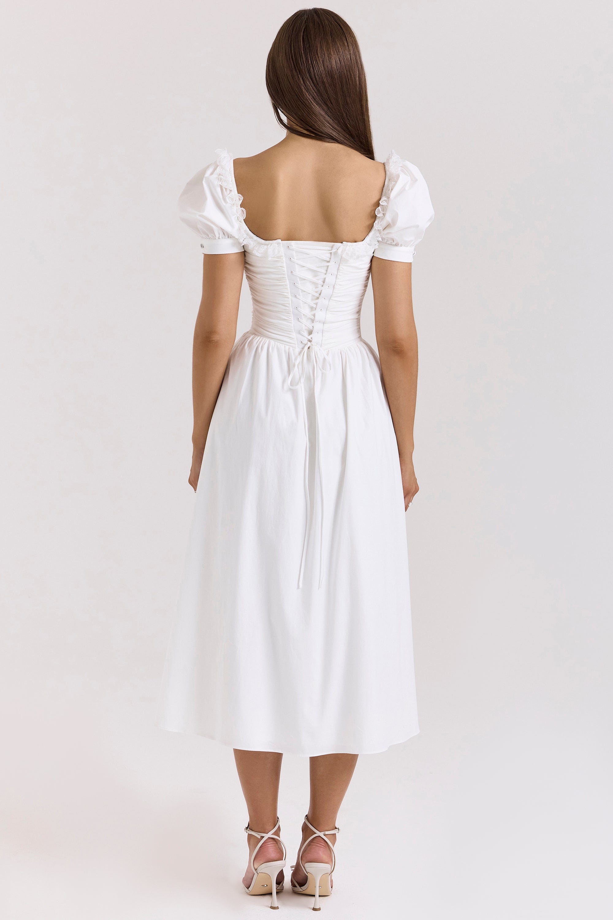 Lulabell | White Stretch Cotton Puff Sleeve Midi Dress
