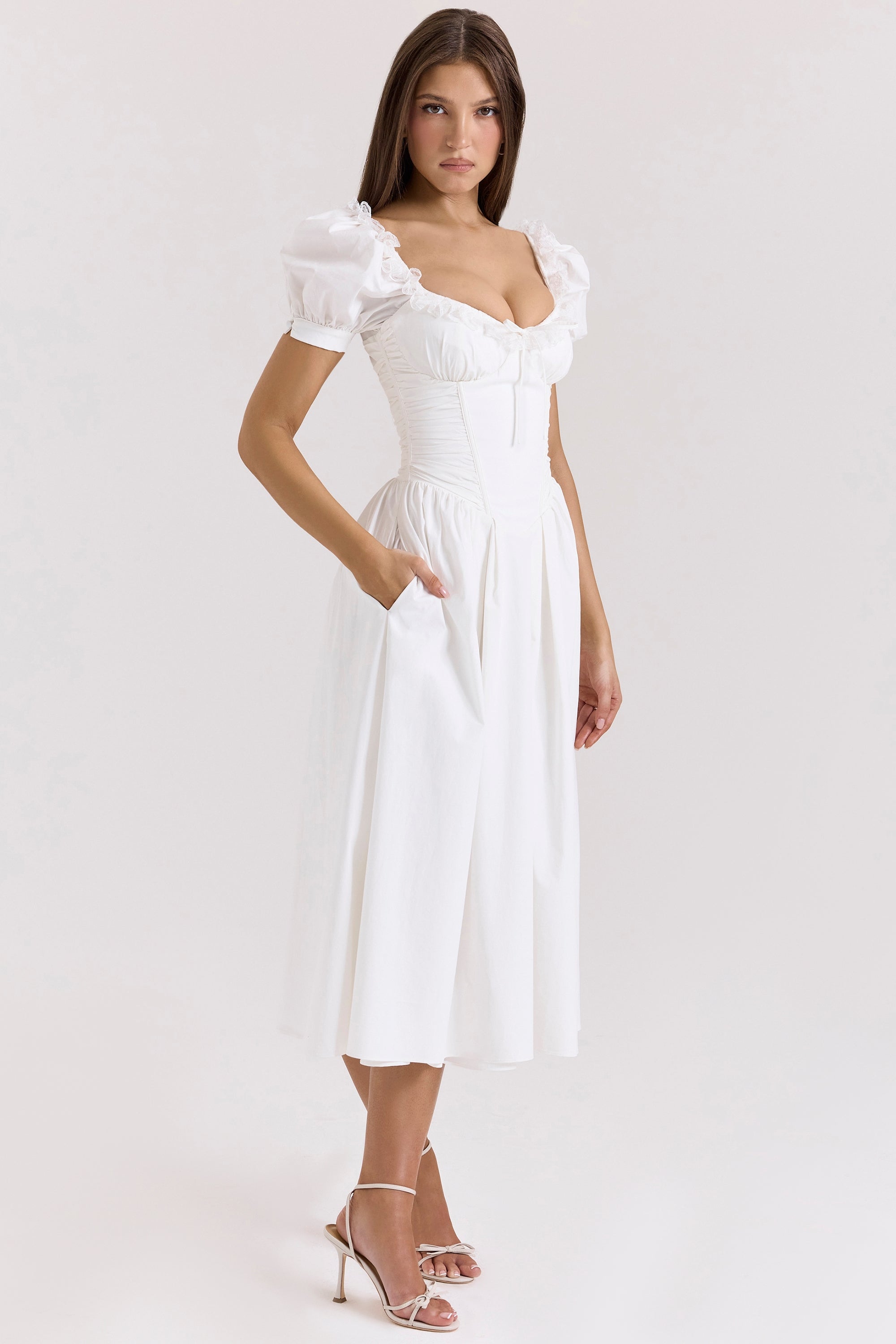 Lulabell | White Stretch Cotton Puff Sleeve Midi Dress