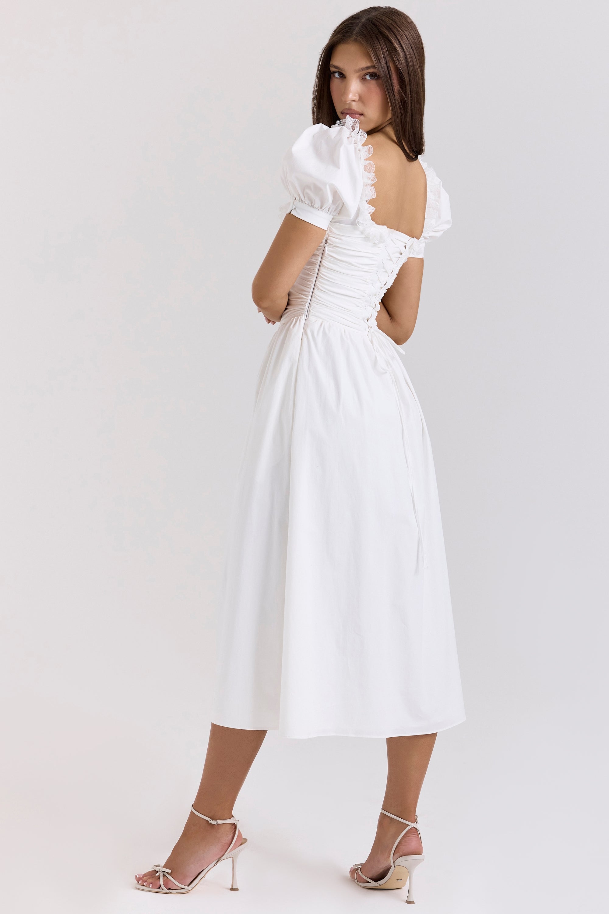 Lulabell | White Stretch Cotton Puff Sleeve Midi Dress